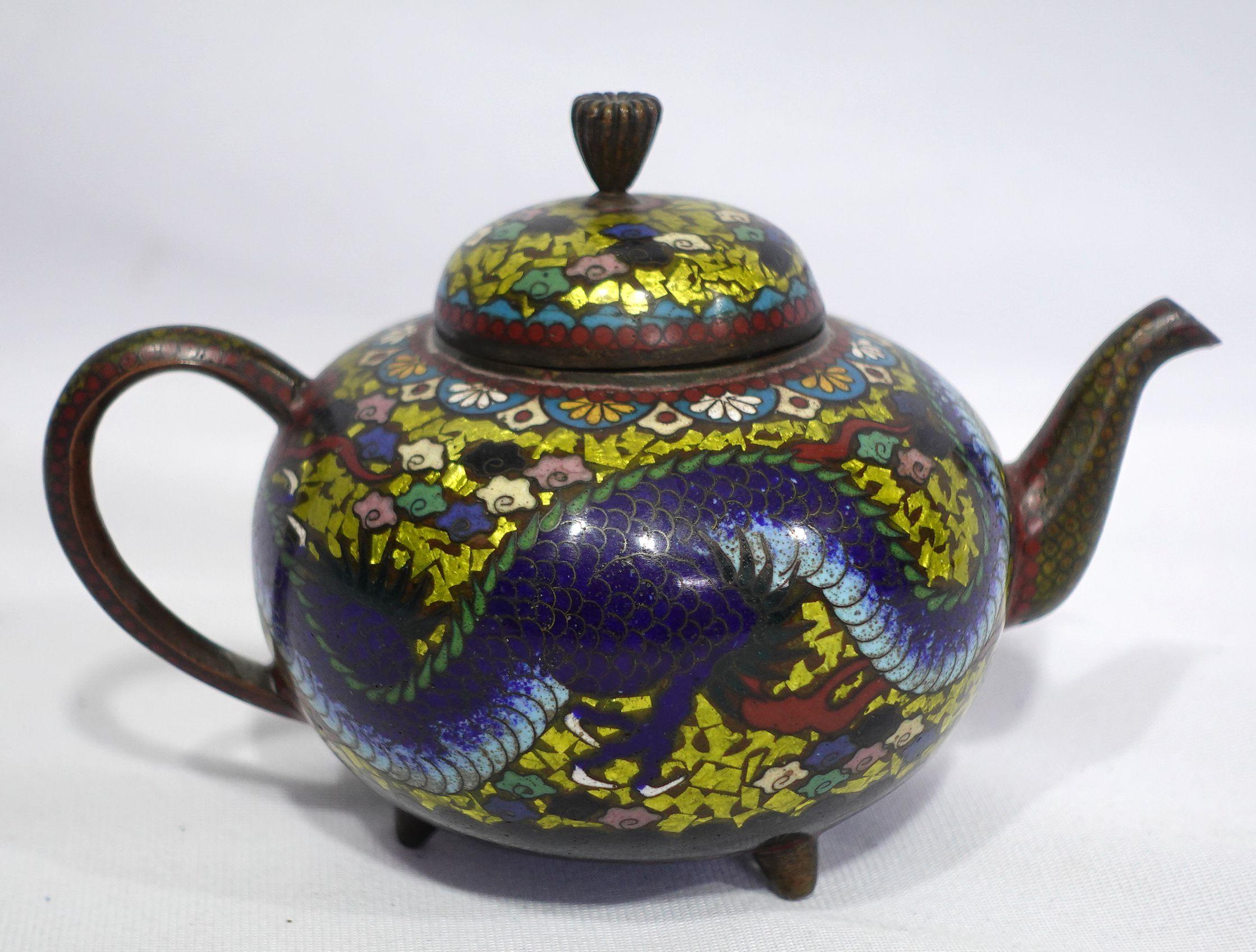19th Century Antique Japanese Cloisonné Meiji Period Dragon Footed Teapot CO#04 For Sale
