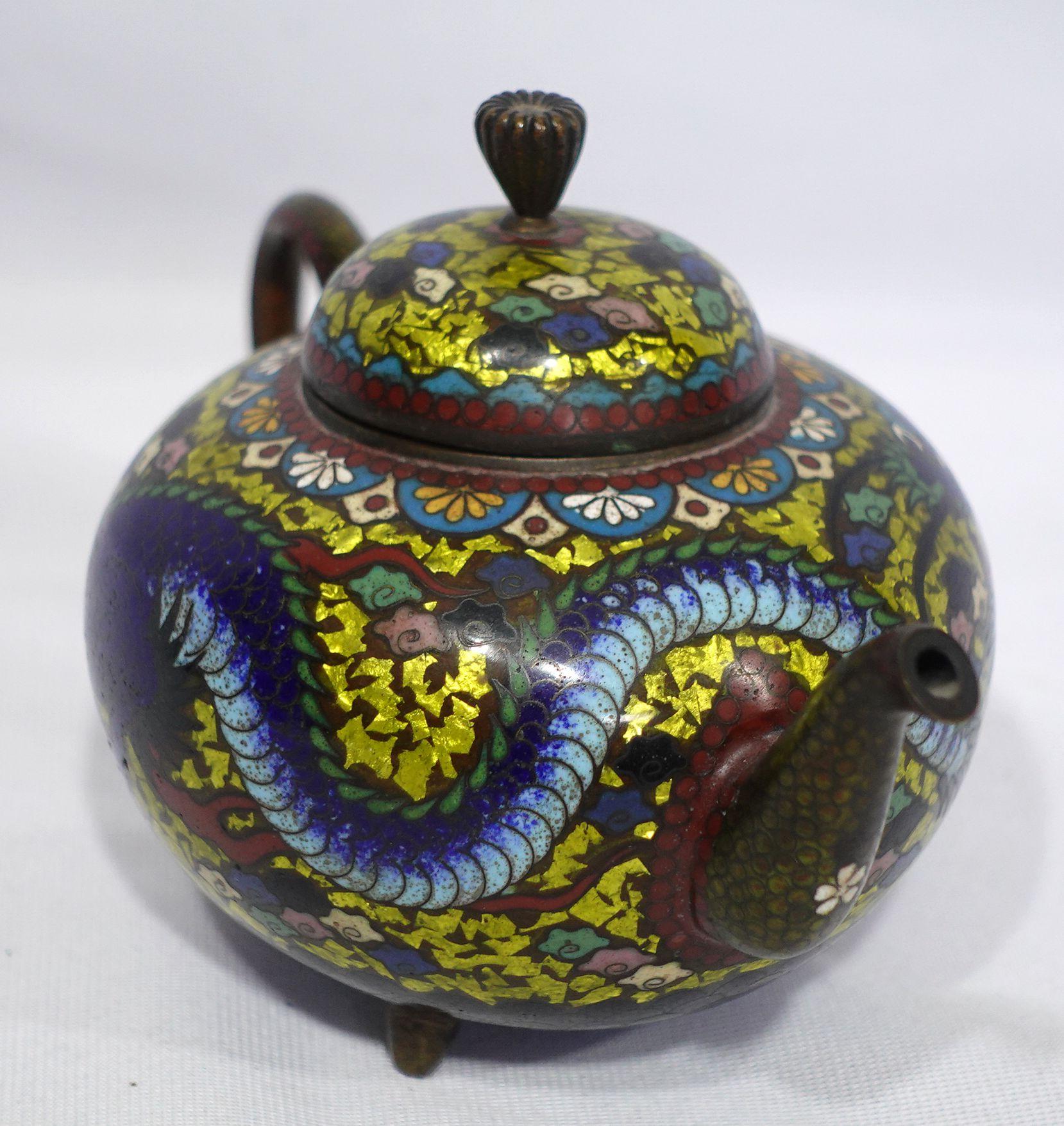 Copper Antique Japanese Cloisonné Meiji Period Dragon Footed Teapot CO#04 For Sale