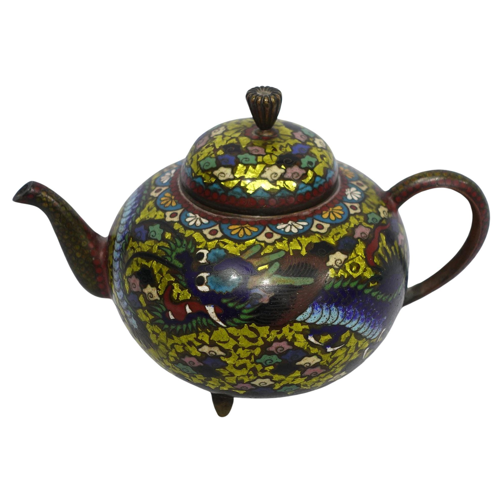 Antique Japanese Cloisonné Meiji Period Dragon Footed Teapot CO#04