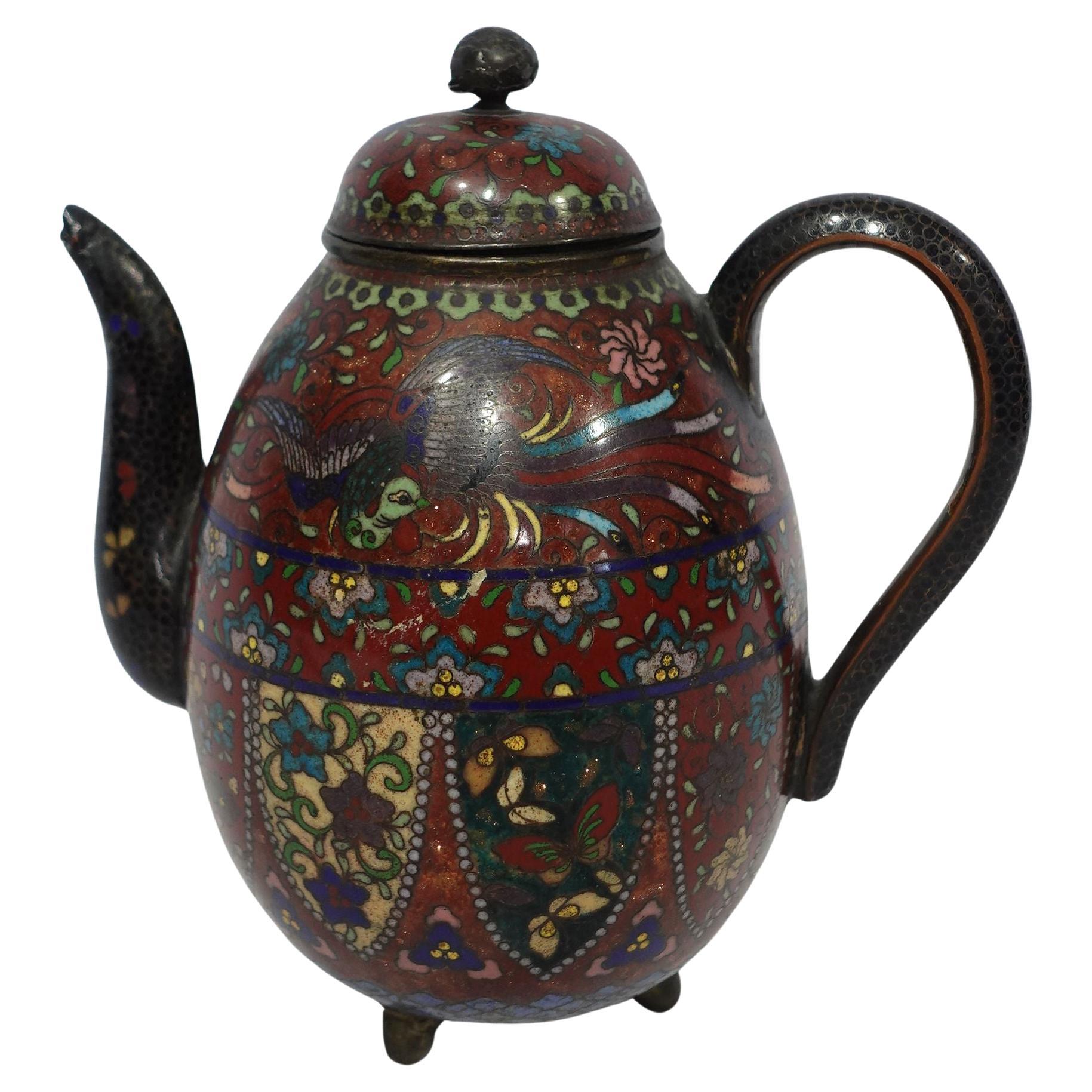 Antique Japanese Cloisonné Meiji Period Teapot Footed CO#03 For Sale