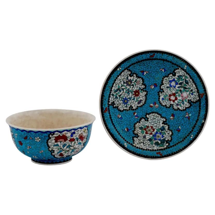 Cloisonné Japonés Meiji Totai Esmalte Sobre Porcelana Plato Tazón Set en venta