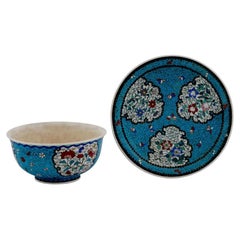 Japanese Cloisonne Meiji Totai Enamel On Porcelain Bowl Plate Set