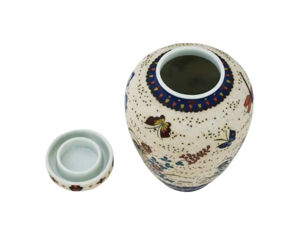 19th Century Japanese Cloisonne Totai Enamel Ceramic Jar Butterflies and Dragonflies For Sale