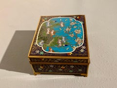 Japanese Cloisonne Trinket Box, Irises and Cherry, Meiji Period, c. 1900, Japan