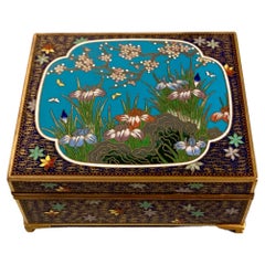 Antique Japanese Cloisonne Trinket Box, Irises and Cherry, Meiji Period, c. 1900, Japan 