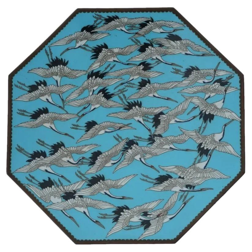 Japanese Cloisonne Turquoise Ground Crane Frenzy Plate Attributed to Hayashi For Sale