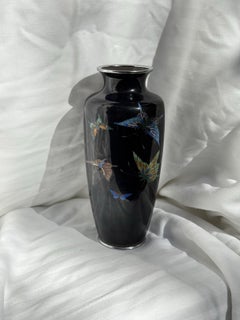 Japanese Cloisonne Vase Butterflies Black Ground 1920s-30s Manner of Ando
