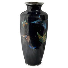 Japanese Cloisonne Vase Butterflies Black Ground 1920s-30s Manner of Ando