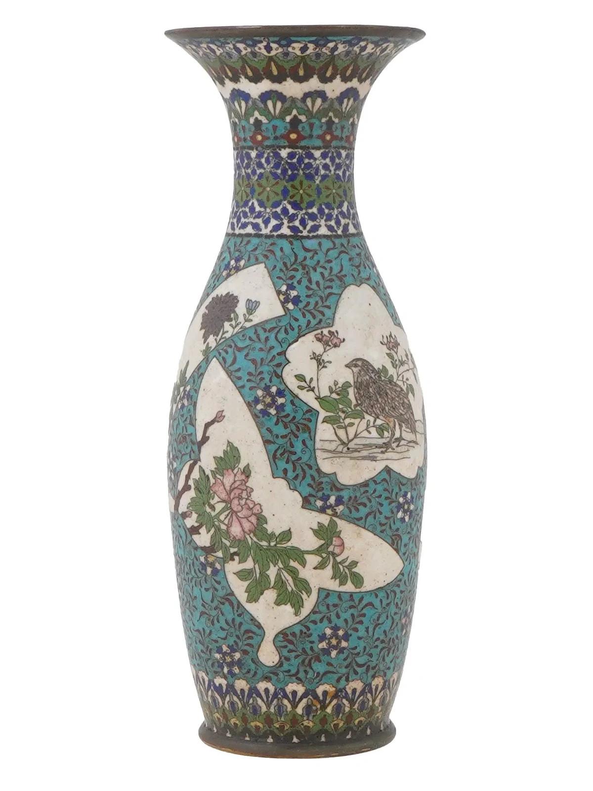 Giapponese Japanese Cloisonne Vase with Cranes, Ducks and Blossoms, Meiji Era in vendita