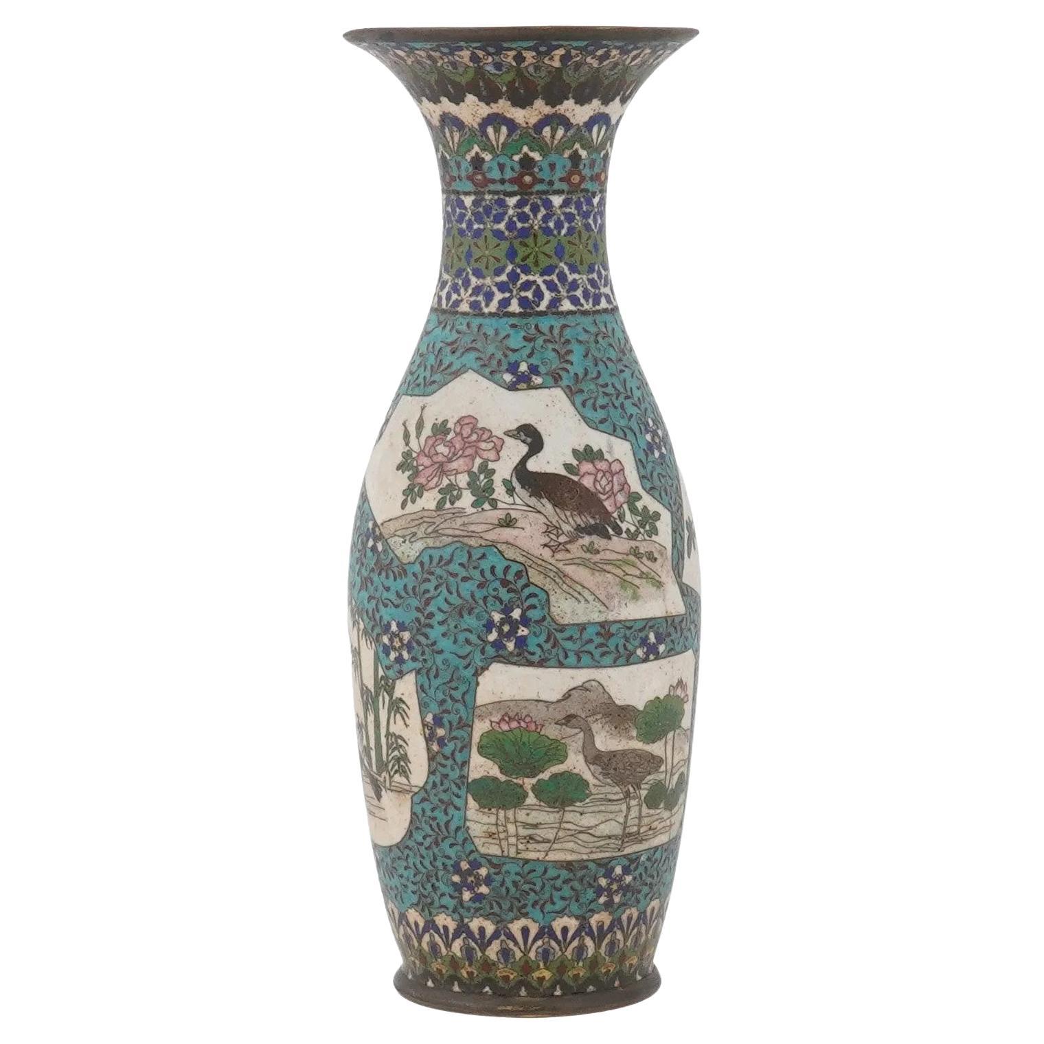 Japanese Cloisonne Vase with Cranes, Ducks and Blossoms, Meiji Era