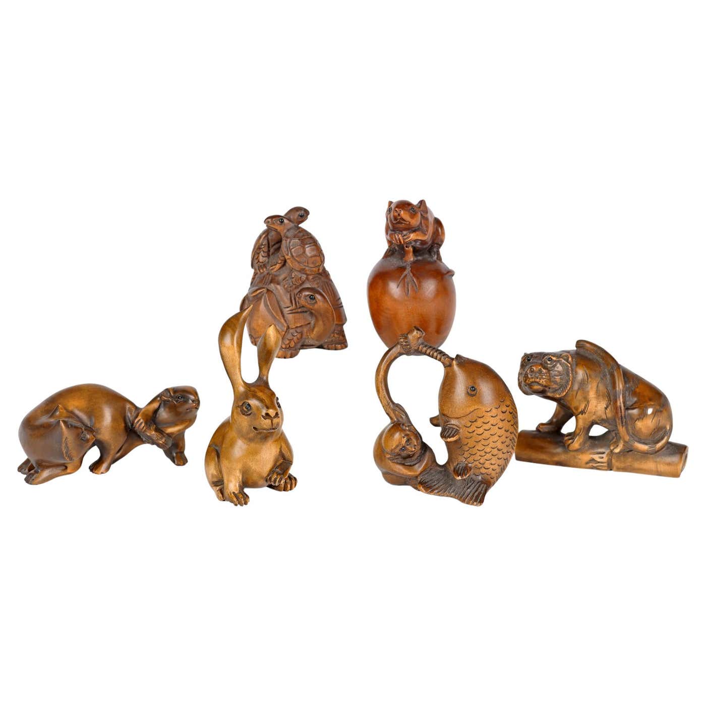 Japanese Collection Carved Wood Animal and Fish Netsuke at 1stDibs ...