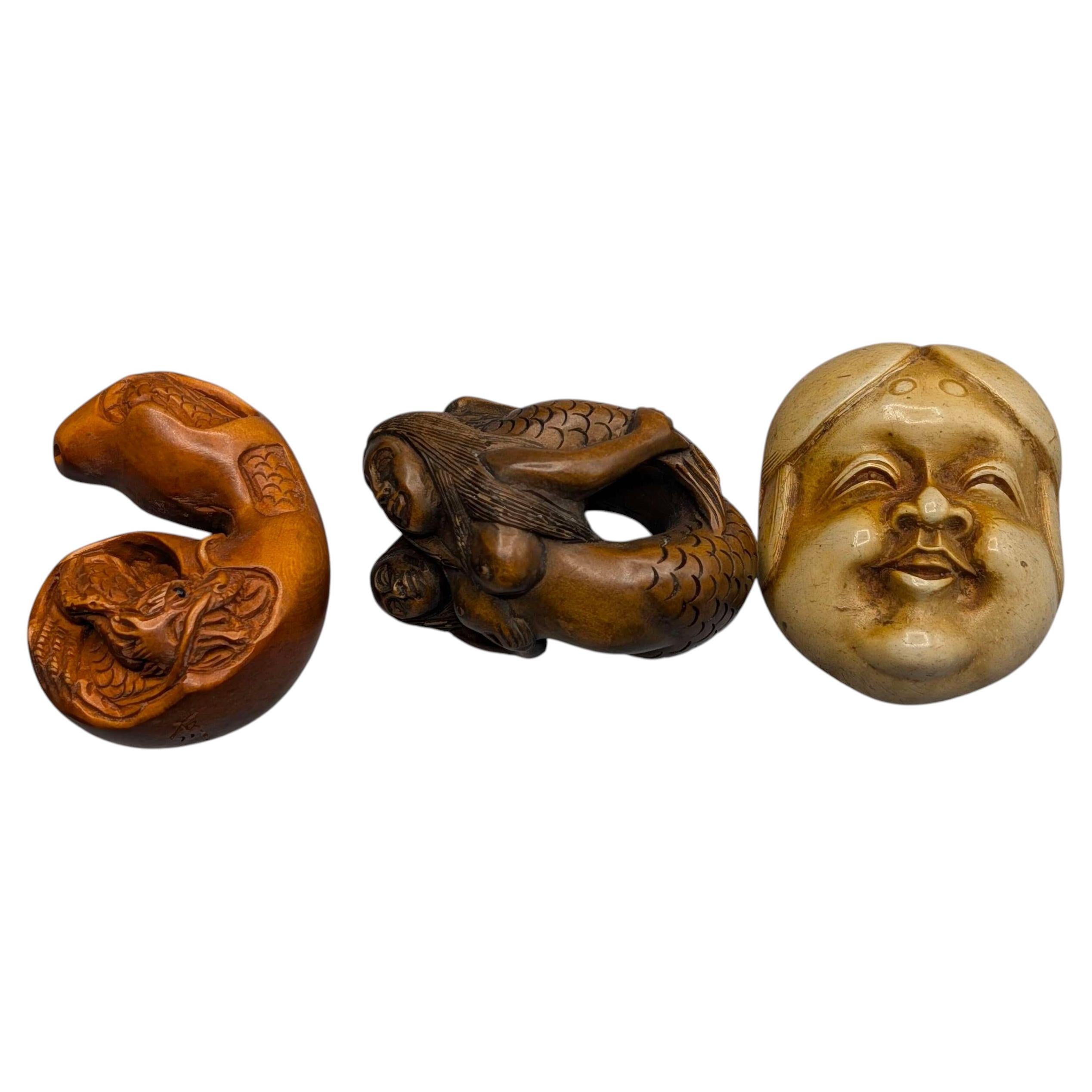 Japanese Collection of Boxwood Carved Netsuke Group of Three For Sale