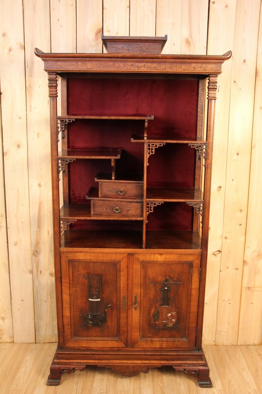 Cabinet in the style of Viardot, with inlays in the doors, the fabric of the bottom has been changed, minimal wear from use and time in good condition, some old holes from xylophages