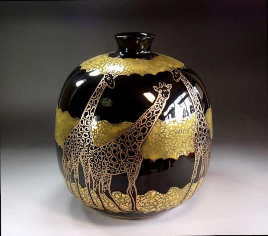 Meiji Japanese Contemporary Black Gold Green Porcelain Vase by Master Artist, 2 For Sale