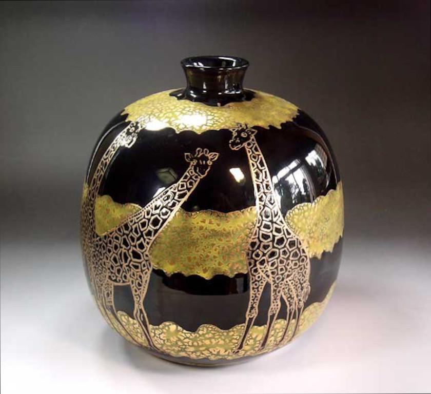 Gilt Japanese Contemporary Black Gold Green Porcelain Vase by Master Artist, 2 For Sale