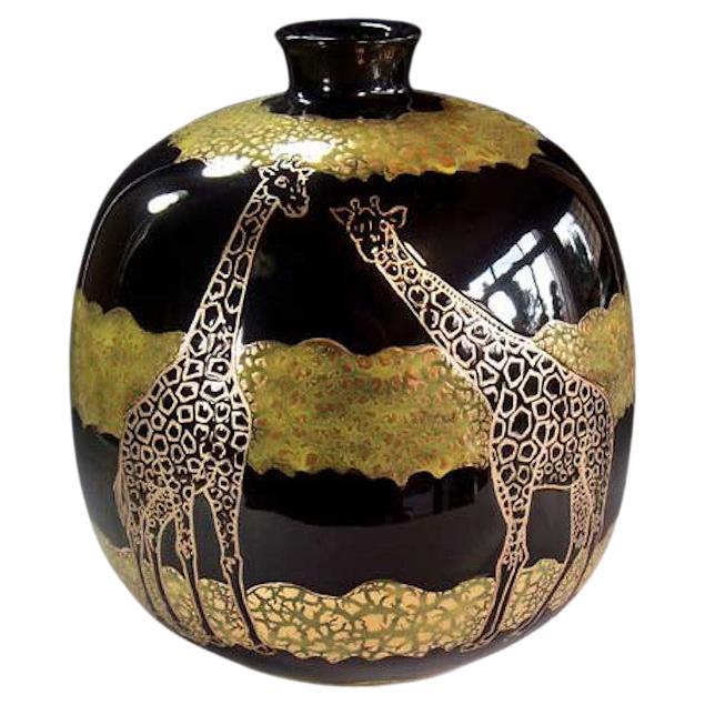 Japanese Contemporary Black Gold Green Porcelain Vase by Master Artist, 2 For Sale