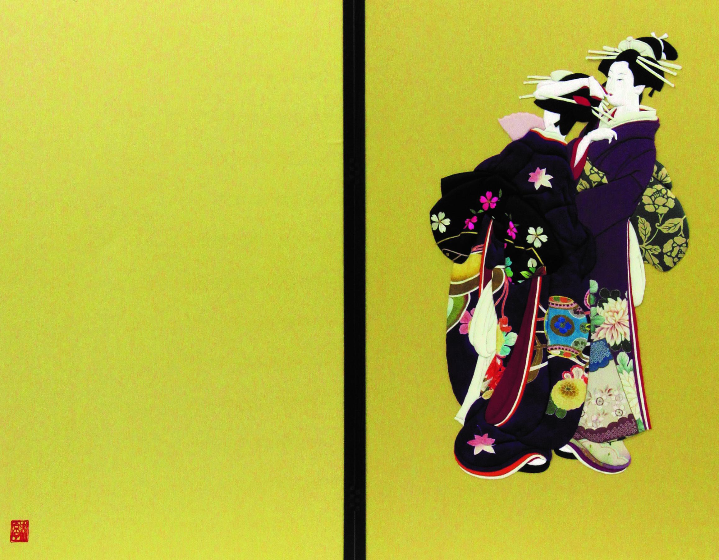 Hand-Crafted Japanese Contemporary Black Gold Silk Brocade Two-Panel Folding Screen For Sale