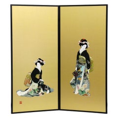 Paravent japonais contemporain à deux panneaux en brocart de soie noir et vert