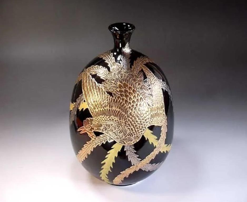 Meiji Japanese Contemporary Black Platinum Gold Porcelain Vase by Master Artist, 3 For Sale