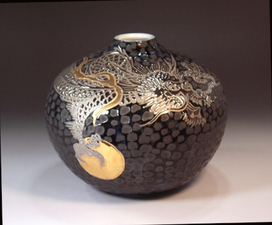 Hand-Painted Japanese Contemporary Black Platinum Gold Porcelain Vase by Master Artist, 3 For Sale