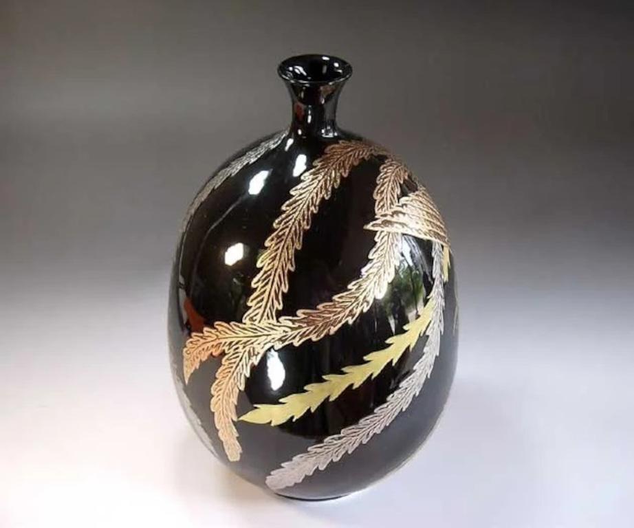 Gilt Japanese Contemporary Black Platinum Gold Porcelain Vase by Master Artist, 3 For Sale