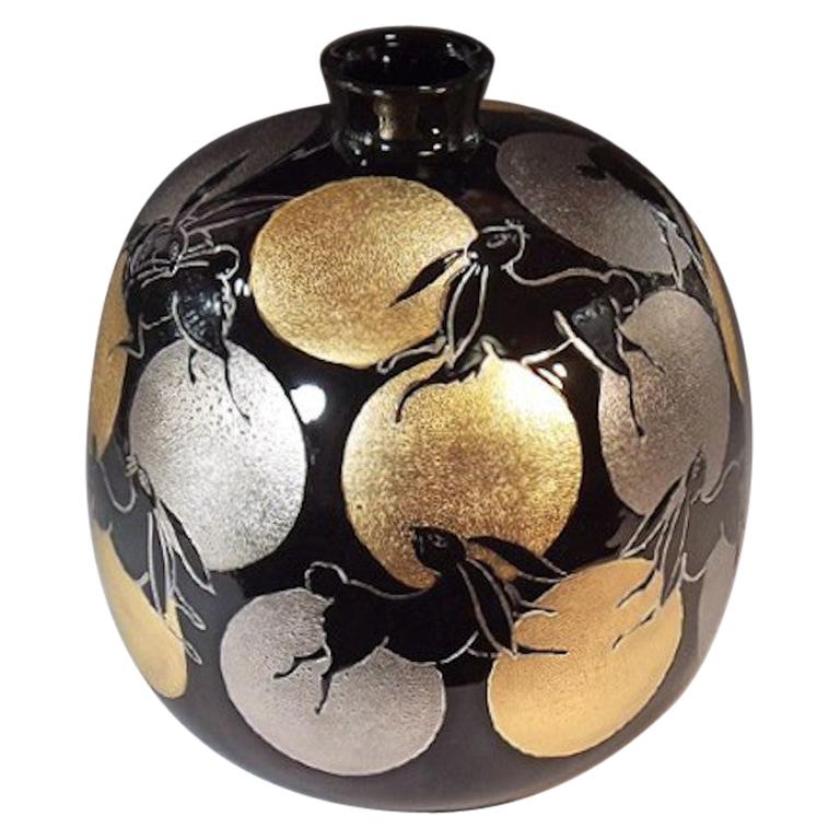 Japanese Contemporary Black Platinum Gold Porcelain Vase by Master Artist