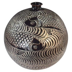 Japanese Contemporary Black Platinum Porcelain Vase by Master Artist, 2