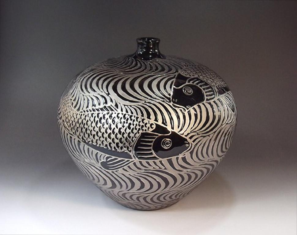 Meiji Japanese Contemporary Black Platinum Porcelain Vase by Master Artist, 5 For Sale