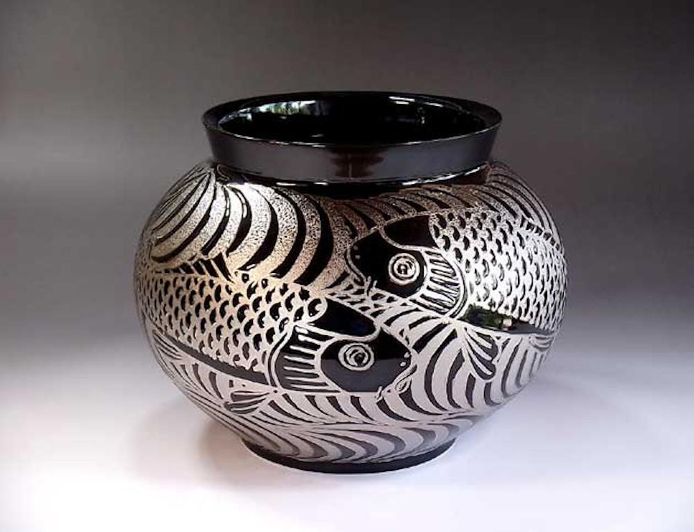 Meiji Japanese Contemporary Black Platinum Porcelain Vase by Master Artist, 7 For Sale