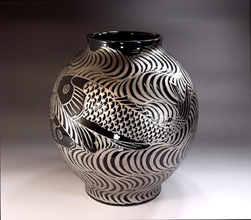 Meiji Japanese Contemporary Black Platinum Porcelain Vase by Master Artist, 6 For Sale