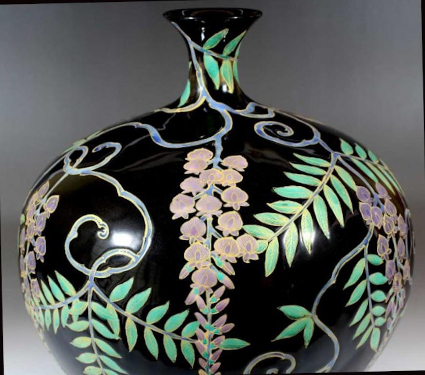 Hand-Painted Japanese Contemporary Black Purple Green Porcelain Vase by Master Artist For Sale