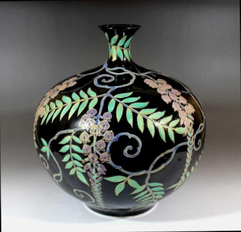 Japanese Contemporary Black Purple Green Porcelain Vase by Master Artist In New Condition For Sale In Takarazuka, JP