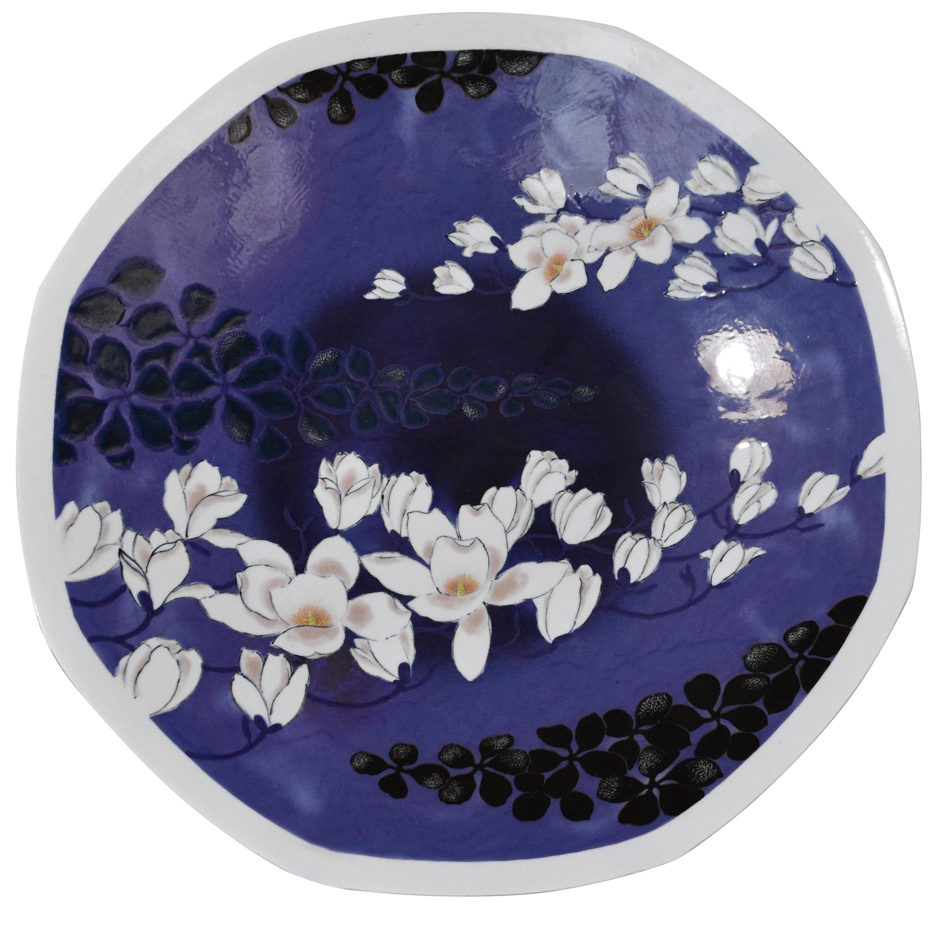 Japanese Contemporary Black Purple White Porcelain Charger by Master Artist For Sale