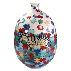 Japanese Contemporary Black Yellow Blue Green Porcelain Vase by Master Artist, 2
