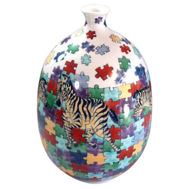 Meiji Japanese Contemporary Black Yellow Blue Green Porcelain Vase by Master Artist, 2 For Sale