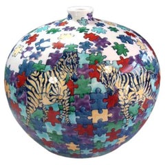 Japanese Contemporary Black Yellow Blue Green Porcelain Vase by Master Artist