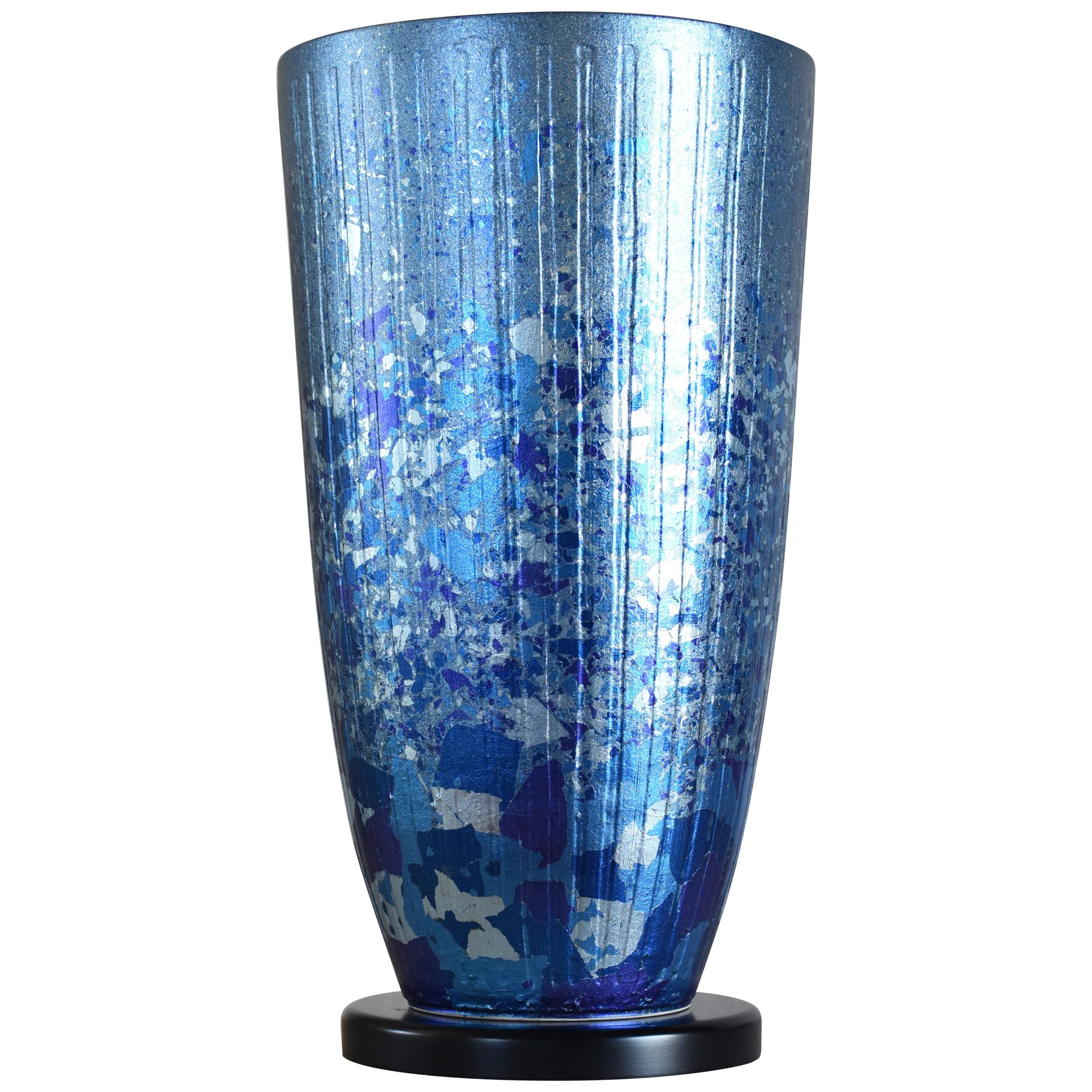 Japanese Contemporary Blue Silver Porcelain Vase by Master Artist