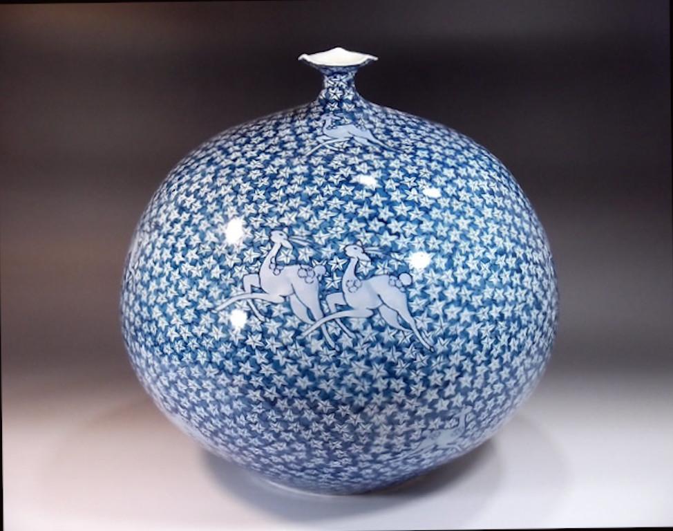 Meiji Japanese Contemporary Blue White Porcelain Vase by Master Artist, 4 For Sale