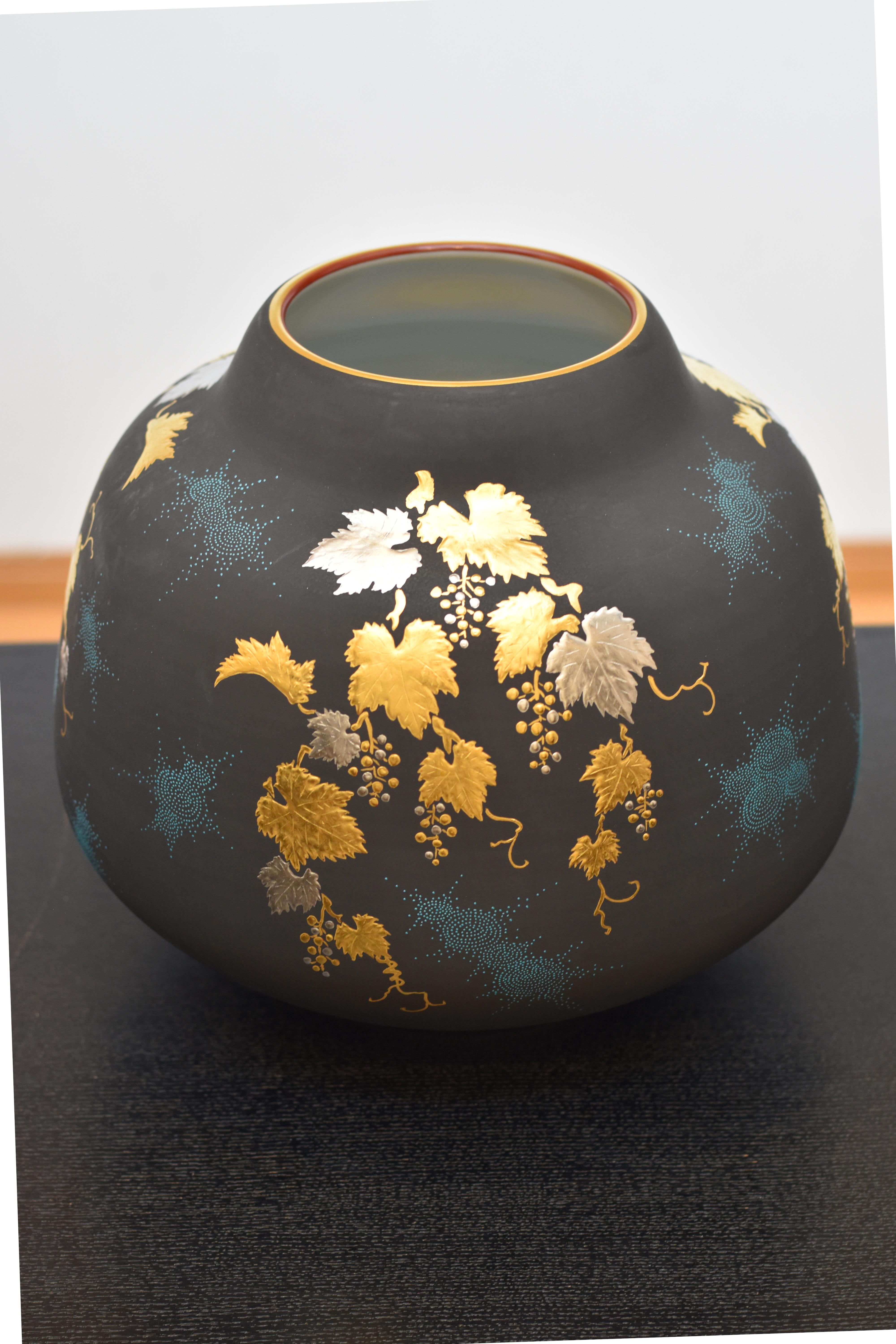 Meiji Japanese Contemporary Blue Black Gold Platinum Porcelain Vase by Master Artist For Sale