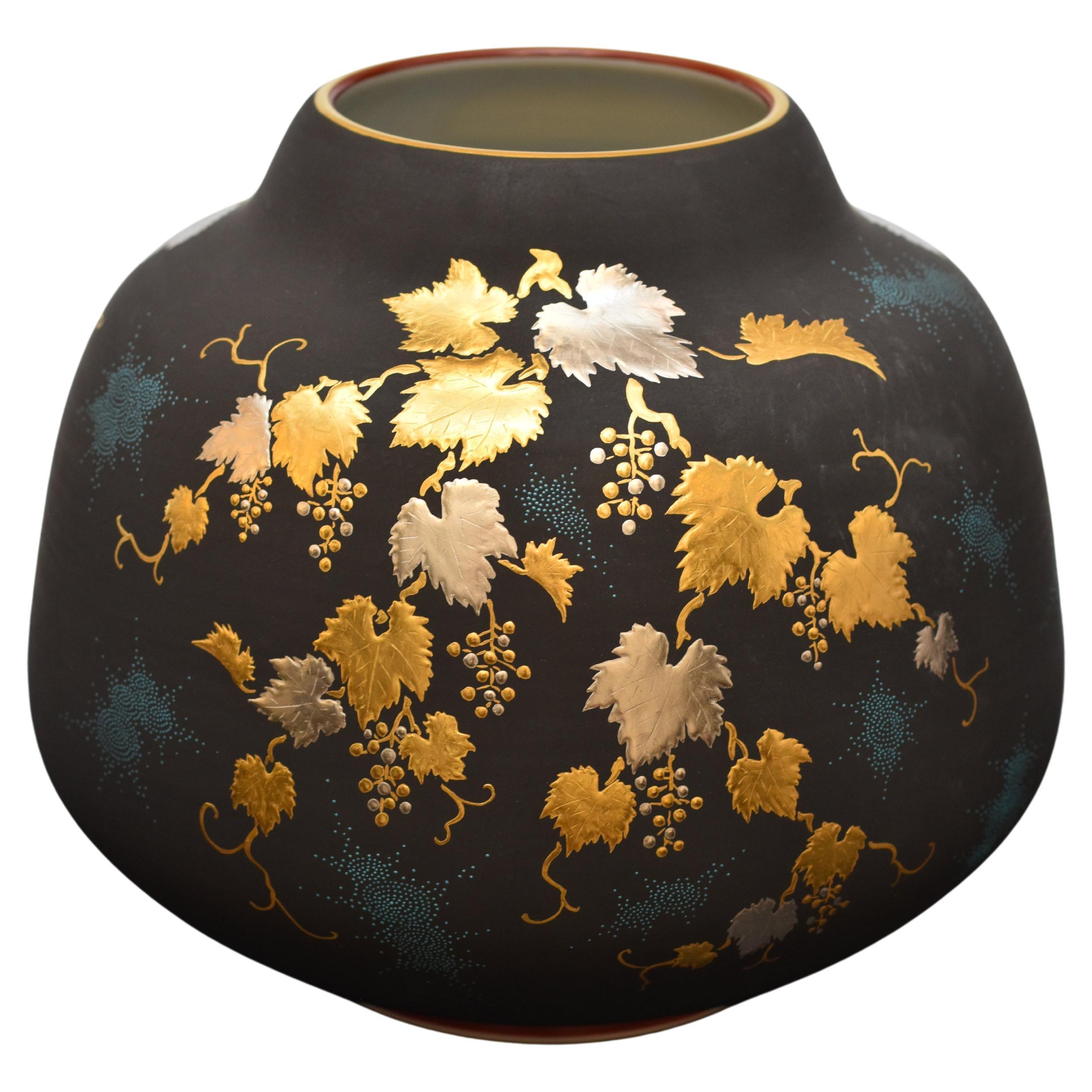 Japanese Contemporary Blue Black Gold Platinum Porcelain Vase by Master Artist For Sale