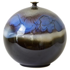 Japanese Contemporary Blue Black White Porcelain Vase by Master Artist