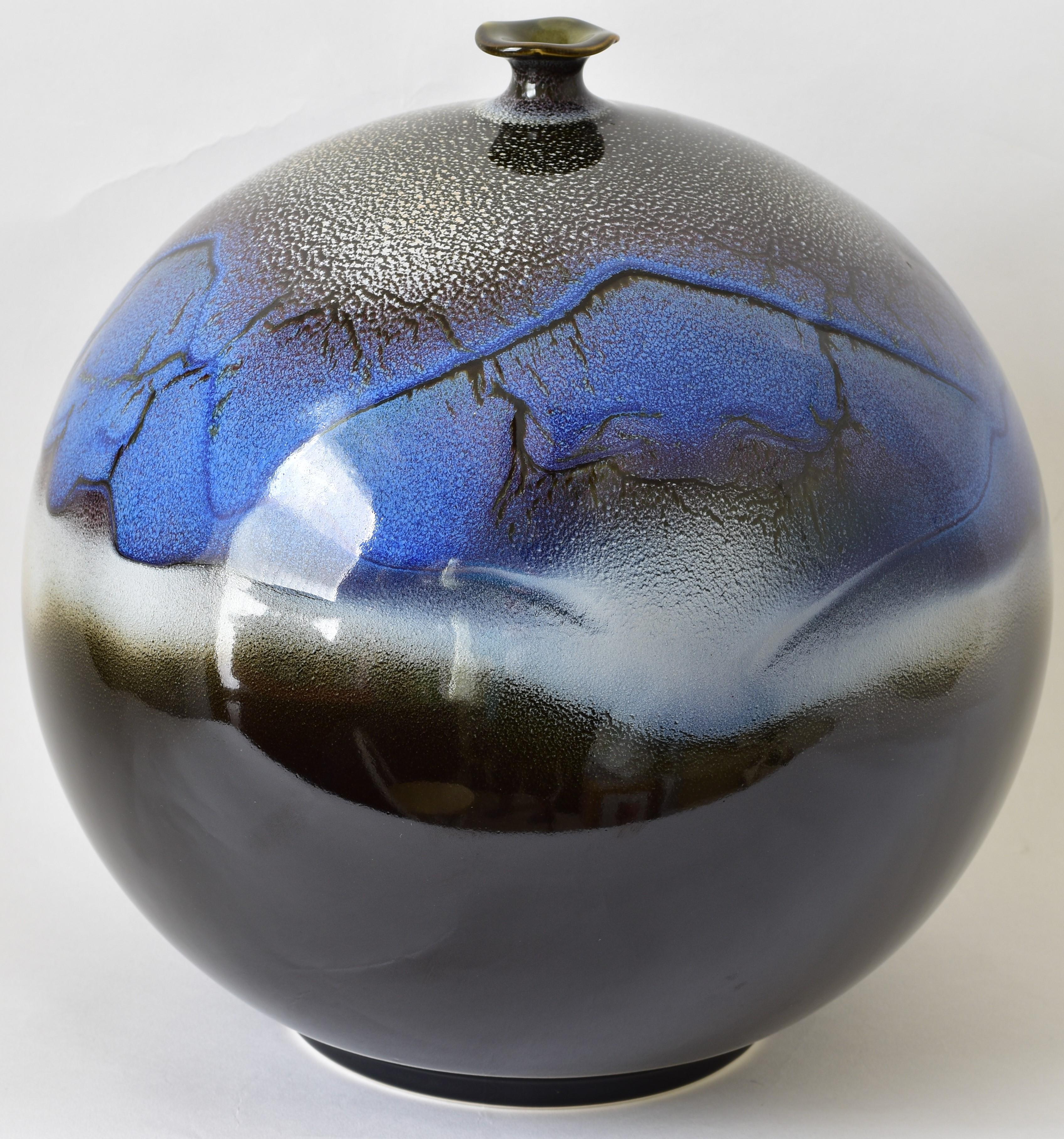 Glazed Japanese Contemporary Blue Black White Porcelain Vase by Master Artist For Sale