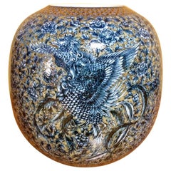 Japanese Contemporary Blue Gilded Imari Porcelain Vase by Master Artist