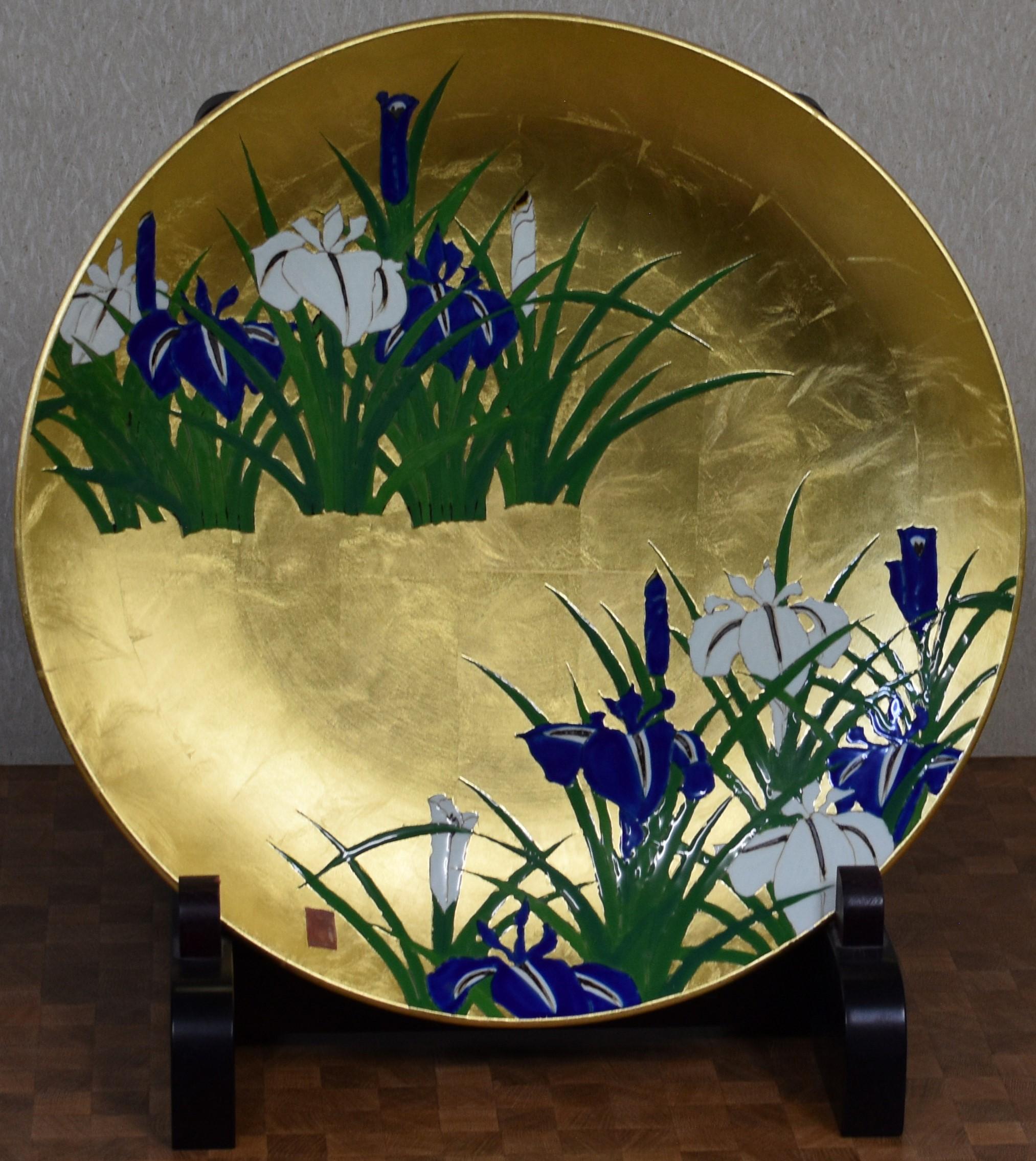 Meiji Japanese Contemporary Blue Gold Leaf Green Porcelain Charger by Master Artist, 3 For Sale