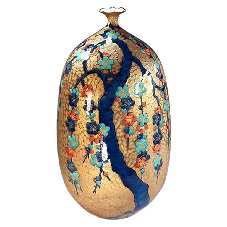Japanese Contemporary Blue Gold Orange Porcelain Vase by Master Artist For Sale 1