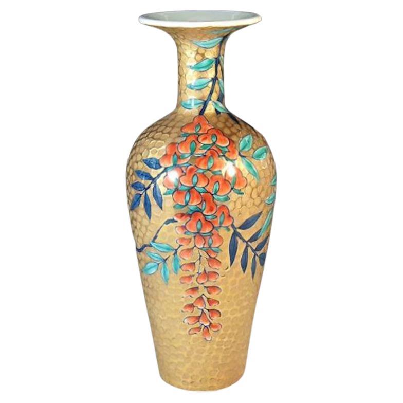 Vase japonais contemporain en porcelaine bleu, or et orange par un artiste