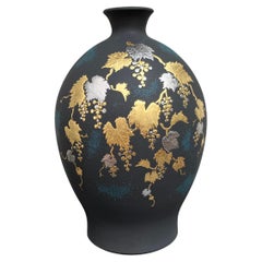 Japanese Contemporary Blue Gold PlatinumPorcelain Vase by Master Artist, 2