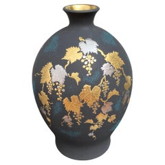 Japanese Contemporary Blue Gold PlatinumPorcelain Vase by Master Artist, 2