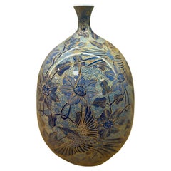Zeitgenössische japanische Vase aus blauem und goldenem Porzellan von Meisterkünstler, 2