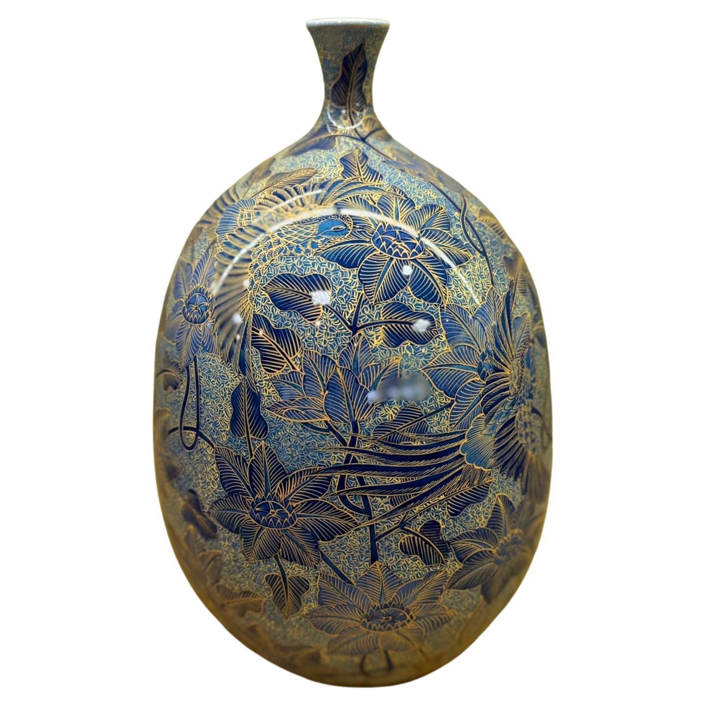Meiji Japanese Contemporary Blue Gold Porcelain Vase by Master Artist, 2 For Sale